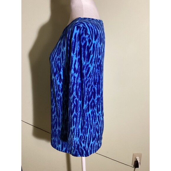 Carmen Marc Valvo Size L Blue Teal Animal Leopard Print 3/4 Sleeve Pullover Top - Picture 3 of 7